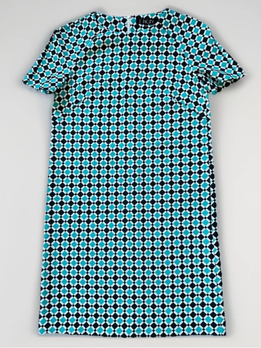 Women Sz 40 US XS Teal & Black Geometric Shift Dress Mini Short Sleeve Zipped